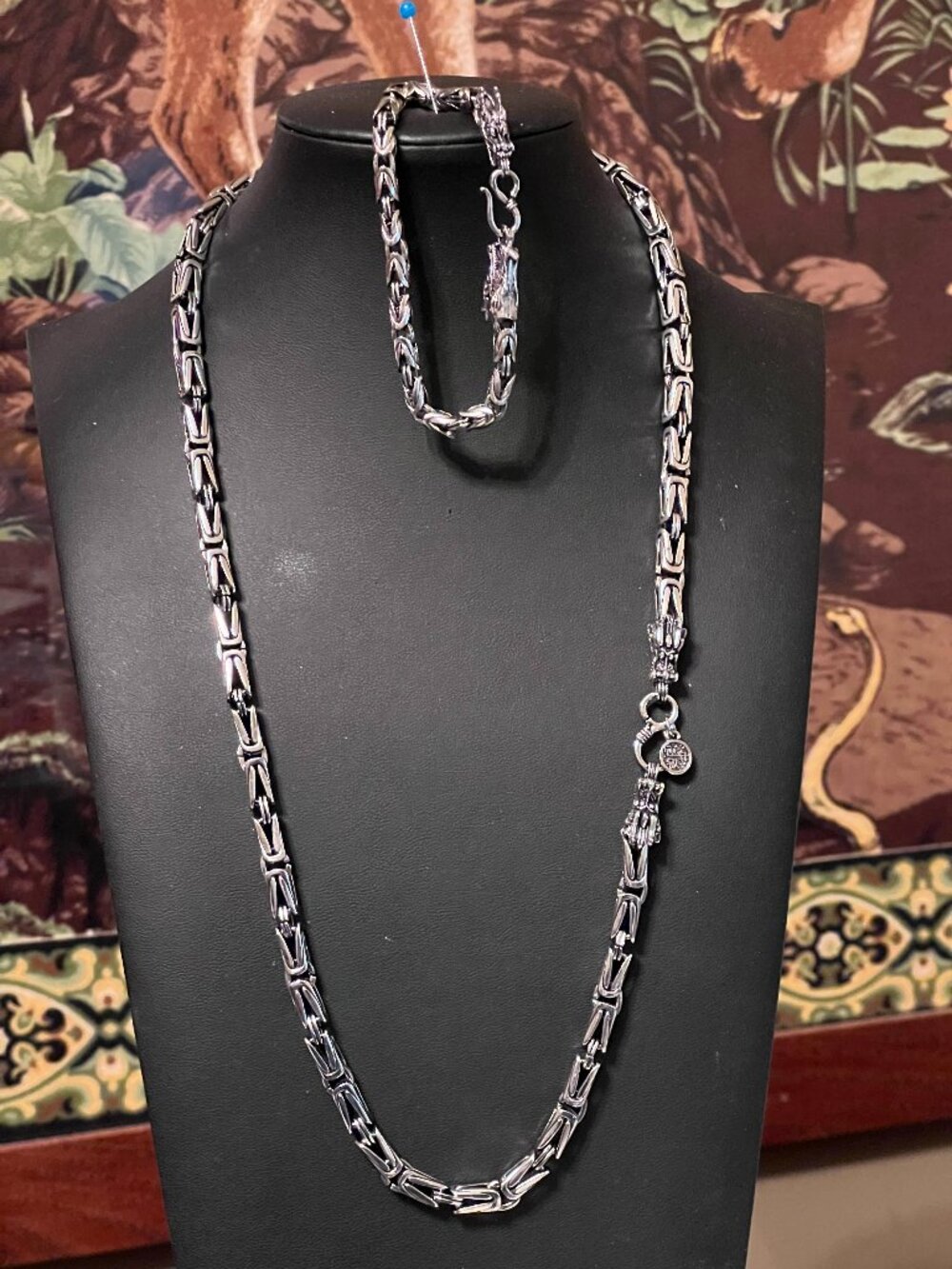 Silver-Tone Byzantine Dragon Head Necklace and Bracelet Set